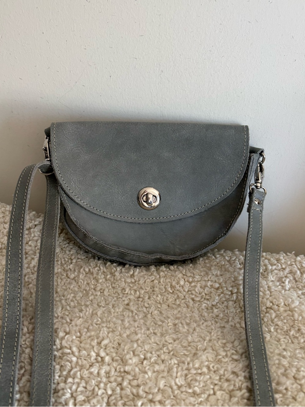 Roots Grey Leather Crossbody with Turn-Lock Accent